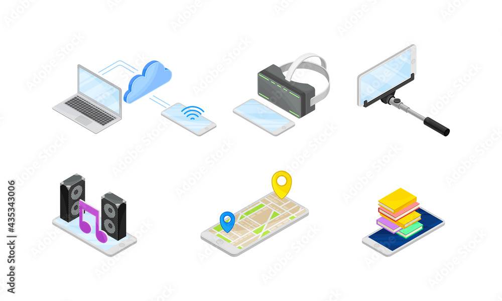 Poster smartphone software with online shopping and navigator app vector isometric set