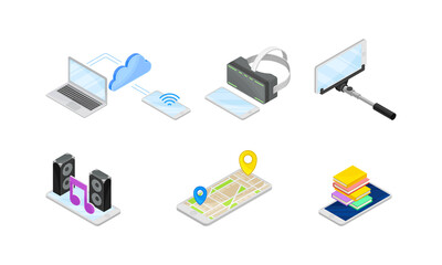 Smartphone Software with Online Shopping and Navigator App Vector Isometric Set