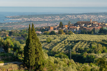 Beautiful sicilian landscape with Piedimonte Etneo town, Italy