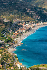 Aerial view of the sicilian coastline as seen from Taormina, Sicily, Italy.