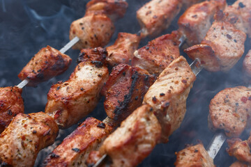 Shish Kebab skewer grill. Delicious background of roast pork, beef. The concept of summer outdoor recreation, picnic. Cooking meat on an open fire. Delicious crispy toasted barbecue. Atmospheric smoke
