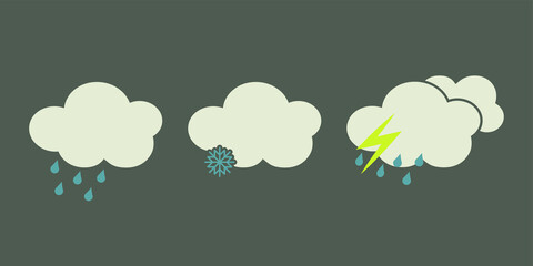 Set of vector weather icons. Day and night weather forecast. Snow rainy, snowy and sunny weather metcast.