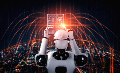 Robot humanoid using tablet computer for global network connection using AI thinking brain , artificial intelligence and machine learning process for 4th industrial revolution . 3D illustration.
