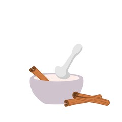 Cinnamon in ceramic or stone mortar. Organic product flat. Flavor cooking ingredient. Cinnamon Spice with kitchen bowl. Fragrant product. Spicy hot seasoning for cooking.