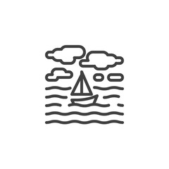 Sea with sailboat and clouds line icon