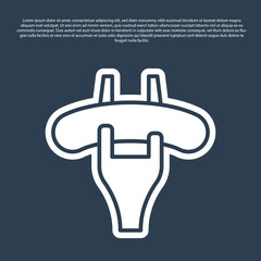 Blue line Sausage on the fork icon isolated on blue background. Grilled sausage and aroma sign. Vector