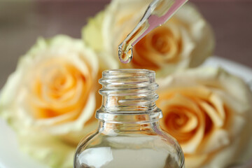 Fototapeta na wymiar Rose essential oil falling from glass dropper into a bottle