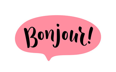 Bonjour word lettering. French hello text. Hand drawn bonjour quote. Brush calligraphy phrase. Vector illustration for print on shirt, card, poster etc. Black and white. © barrirret