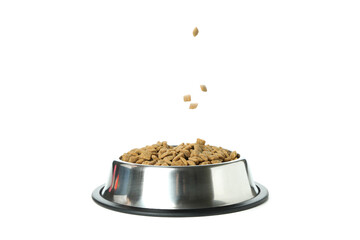 Pet bowl with feed isolated on white background