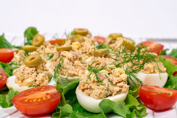 Stuffed eggs with tuna with green vegetables and tomatoes, copy space