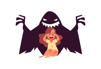 Scared little girl in panic afraid scary monster, kid suffers from bad nightmare