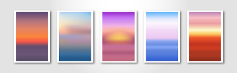 Modern blurred gradient backgrounds with sunset and sunrise. Delicate colored paper cards