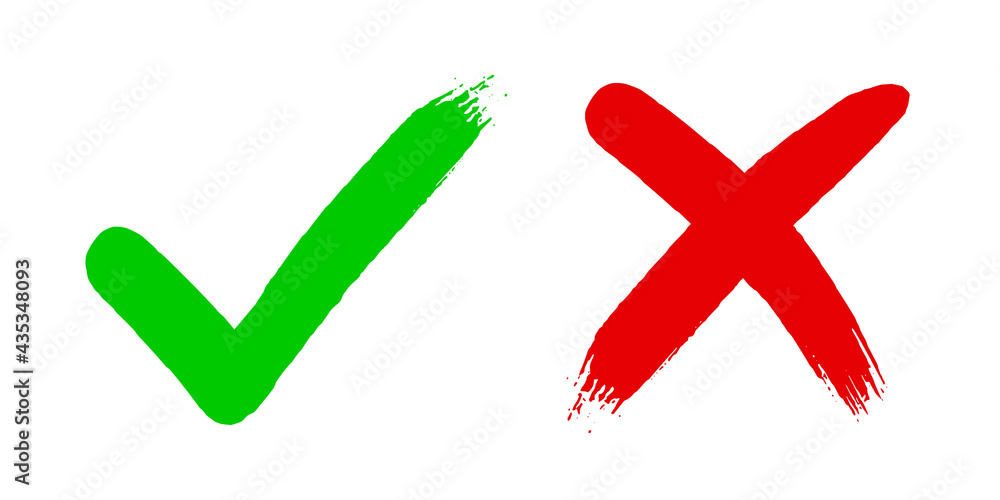 Poster cross x and tick v ok check mark vector illustration isolated on white background. two dirty grunge 