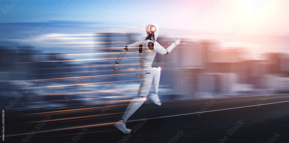 Poster running robot humanoid showing fast movement and vital energy in concept of future innovation develo