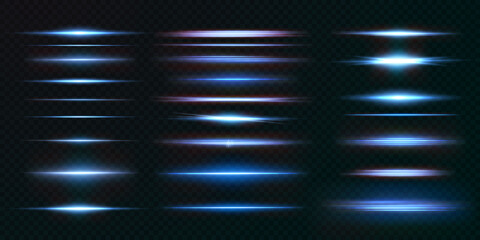 Light beams of light in neon and blue.Illuminated horizontal neon laser.Collection of light transparent realistic rays for design isolated on a transparent background. Light line effect neon png. © Виктория Проскурина