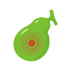 Sick gallbladder. Gallbladder as symptom pain cholecystitis, gallstone disease. Vector isolated illustration on white background.