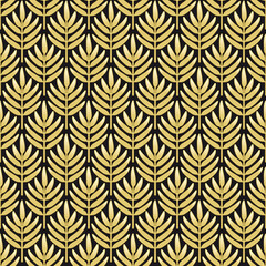 Art-Deco golden pattern, black leaves branch. Seamless pattern made in Art-Deco style.