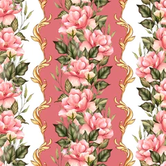Behang Seamless pattern with pink flowers. Floral background with decorative border © Gribanessa