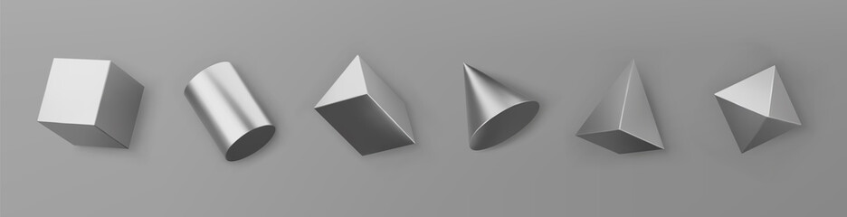 3d render chrome geometric shapes objects set isolated on grey background. Metal glossy realistic primitives - cube, cylinder, cone, pyramid with shadows. Abstract decorative vector for trendy design