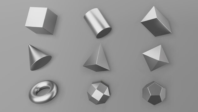 3d render chrome geometric shapes objects set isolated on grey background. Metal glossy realistic primitives - cube, cylinder, pipe with shadows. Abstract decorative vector figure for trendy design