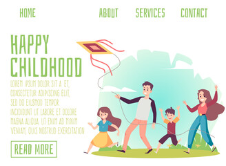 Happy childhood web banner with family flying a kite, flat vector illustration.