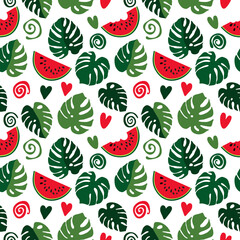 Seamless texture of green monstera leaves and watermelon slices, foliage pattern, natural abstract background 