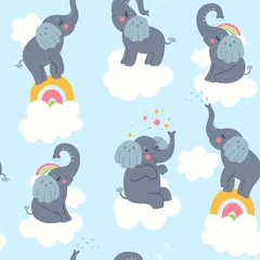 Foto op Plexiglas Olifant Naadloze patroon met schattige olifanten en wolken. Vectorafbeeldingen.