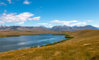 Yellow hills around Lake Alexandrina, Canterbury, New Zealand