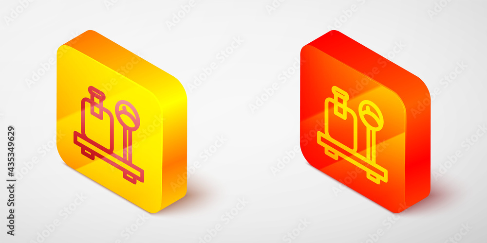 Poster isometric line scale with suitcase icon isolated on grey background. logistic and delivery. weight o