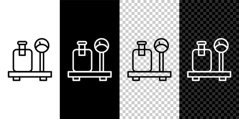 Set line Scale with suitcase icon isolated on black and white, transparent background. Logistic and delivery. Weight of delivery package on a scale. Vector