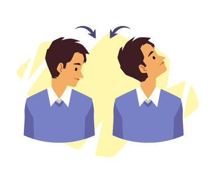 Head tilt exercise for neck muscles stretching, flat vector illustration.