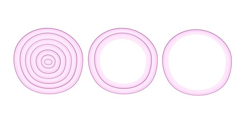 Red onion slices. Overhead view of Isolated Circle slice onion. Vector illustration isolated on white background. Flat design style for menu, cafe, restaurant, poster, banner, emblem, sticker.