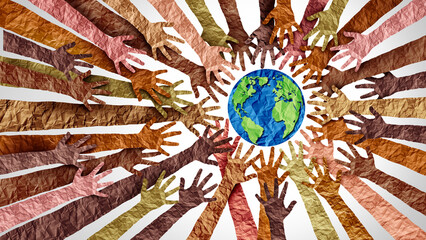 World culture earth day and global diversity and international cultures as a concept of diverse races and crowd cooperation symbol as hands holding together the planet earth