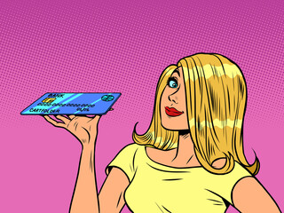 A woman with a bank credit card. Financial services