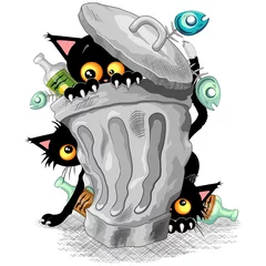 Crédence de cuisine en verre imprimé Dessiner Personnages coquins de chats jouant sur l& 39 illustration vectorielle de la corbeille à ordures