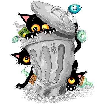 Cats Naughty Characters playing on Garbage Trash Bin Vector illustration 