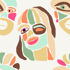 Seamless pattern of minimalist contemporary portrait woman beauty surreal face