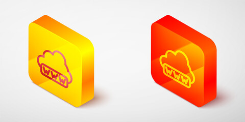 Isometric line Software, web development, programming concept icon isolated on grey background. Programming language and program code on screen laptop. Yellow and orange square button. Vector