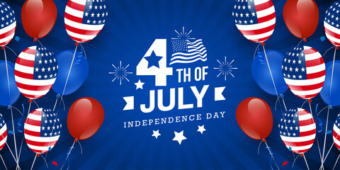 4th of July celebration usa independence day design with star, fireworks and usa national flag on navy blue background with bunch of red blue and American balloon with confetti on the background. 
