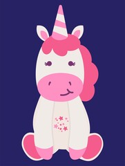 Cute hand-drawn unicorn on a blue background. Fairy-tale character. Vector illustration.
