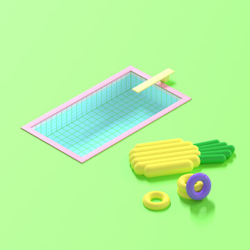 3D render. Pink swimming pool with colorful rubber circles and pineapple shaped air mattress on green background. Minimalistic style, aesthetic and surrealism. Summer vacation vibes.