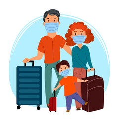 European family of tourists, a man, a woman and a child, wearing masks and carrying suitcases. Prevention of coronavirus, covid-19. Travel and tourism during the pandemic. Flat vector illustration.