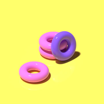 3D render. Pink and purple rubber circles for swimming on yellow background. Minimalistic style, aesthetic and surrealism. Summer vacation vibes.