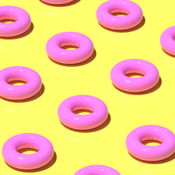 3D render. Pattern of pink rubber circles for swimming on yellow background. Minimalistic style, aesthetic and surrealism. Summer vacation vibes.