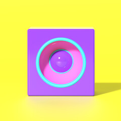 3d render. Portable music speaker in purple on a yellow background. Creative party and volume control.