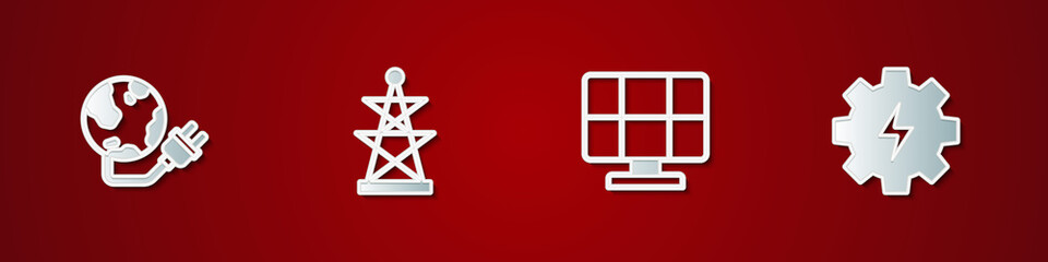 Set Global energy power planet, Electric tower, Solar panel and Gear and lightning icon. Vector