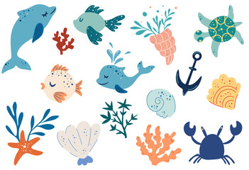 Set van zeevissen, dieren en planten. Dolfijnen, vissen, zeesterren, schelpen, zeewier. Mariene thema. Oceaan leven. Onderwater. Grote nautische clipart met mariene inwoners. Platte vectorillustratie.