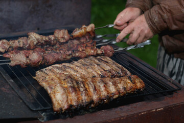 meat skewers on the barbecue coals