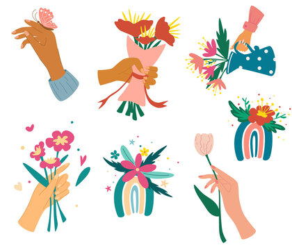 Collection of hands holding bouquets or bunches of blooming flowers. Bundle of floral decorative design elements. Colorful rainbows with flowers. Romantic present. Vector  illustration.