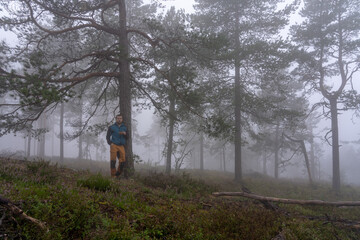 Hiker standing and drinking tea after walking in forest.